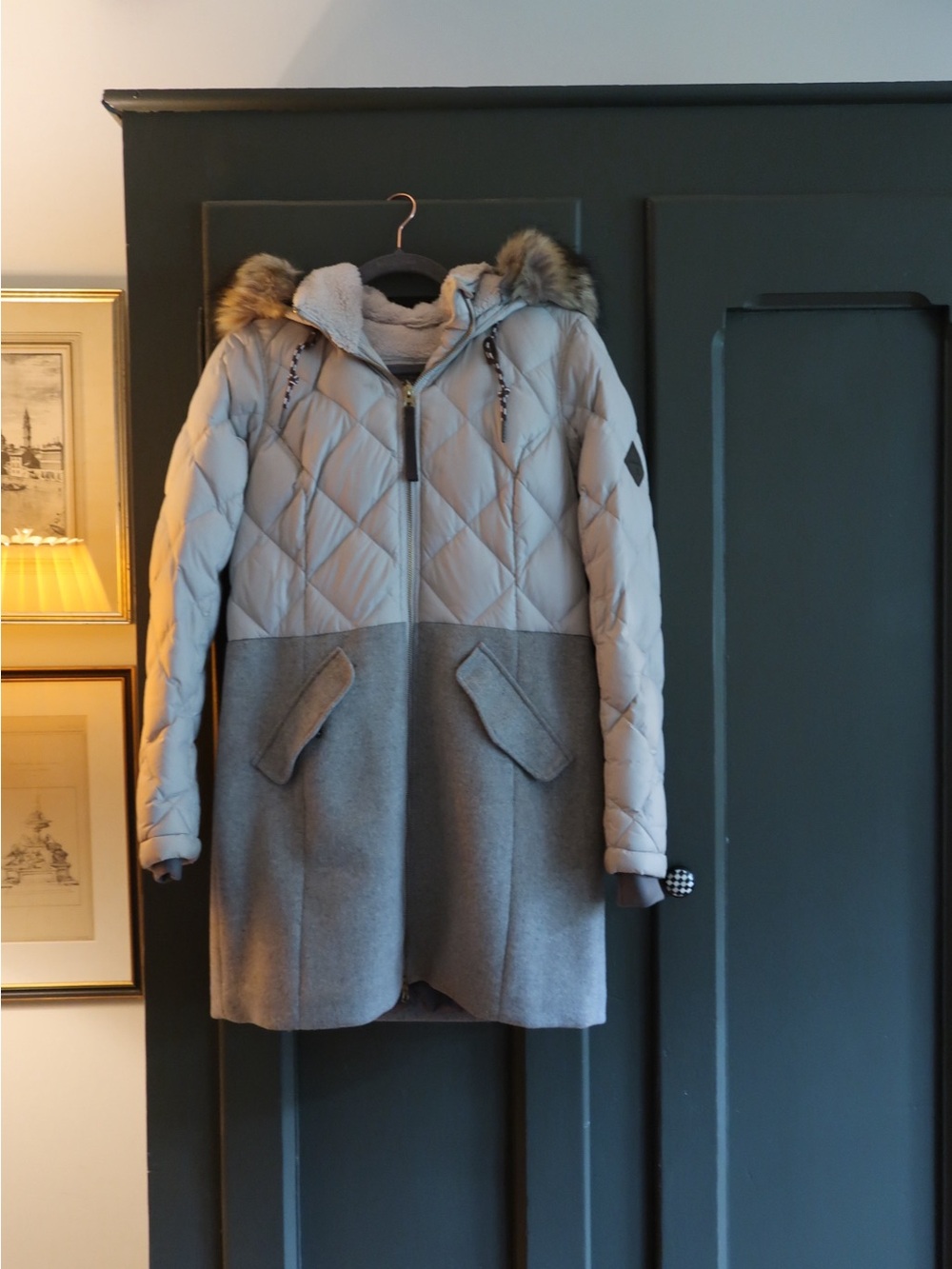 Eddie Bauer Two-Tone Light Gray Quilted & Wool-Blend Hooded Puffer Coat